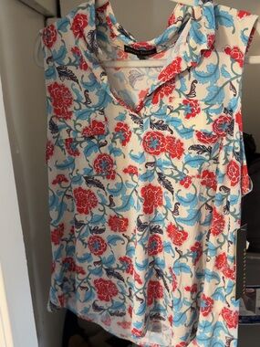 Sleeveless Floral Collared V-Neck Blouse - Red & Blue